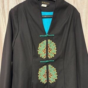 NWOT Mandarin-Style Jacket, Black with Teal Lotus Embroidery
